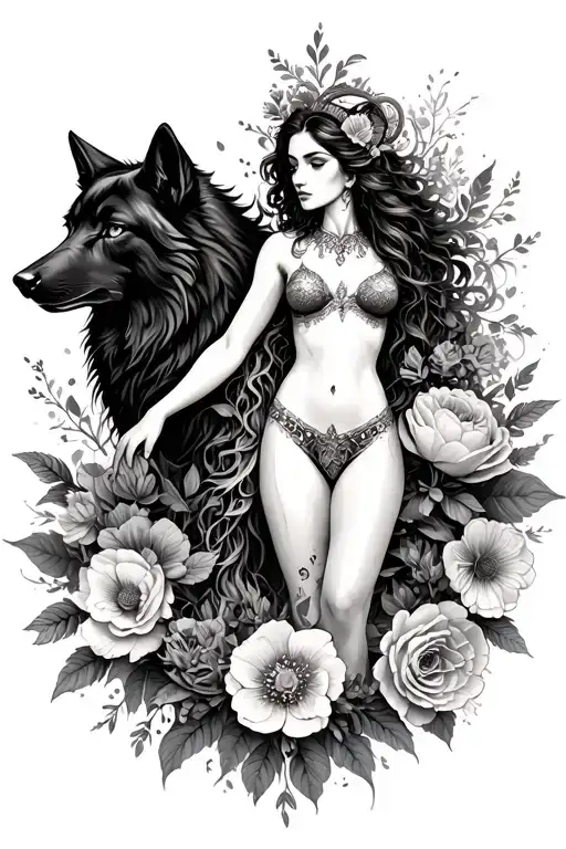 Aries sexy goddess surrounded by poeny flowers and black wolf with mountains  tattoo design idea