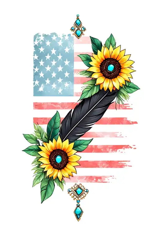 aztec pattern, black feathers, american flag, green leaves, turquoise jewelry, sunflowers tattoo design idea