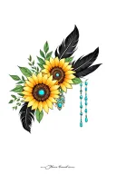 aztec pattern, black feathers, american flag, green leaves, turquoise jewelry, sunflowers tattoo design idea
