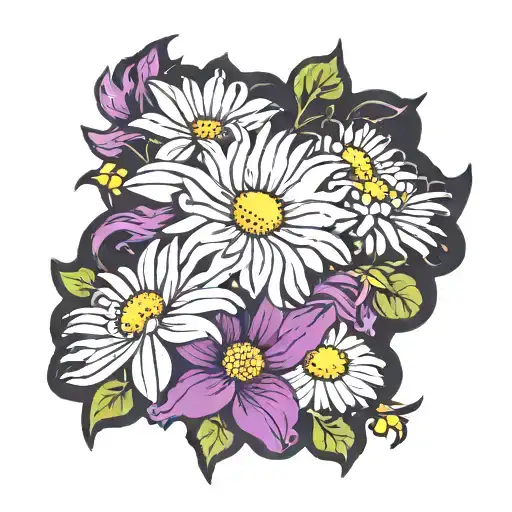 violets, daisy, aster, chrysanthemum flower tattoo design idea