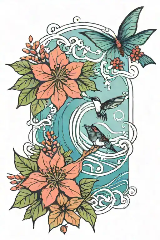 ocean waves, mountain peaks, poinsettia bouquet, butterfly, hummingbird tattoo design idea