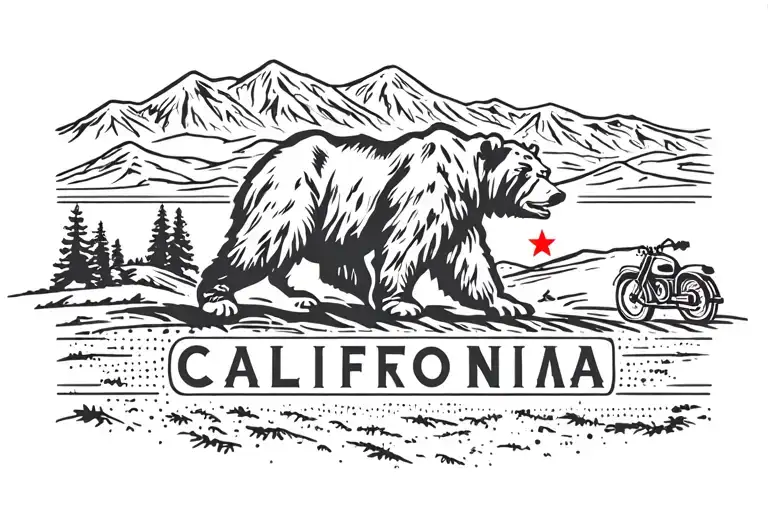  California flag with the iconic bear and in the background the California mountains with a road and a vintage motorcycl tattoo design idea