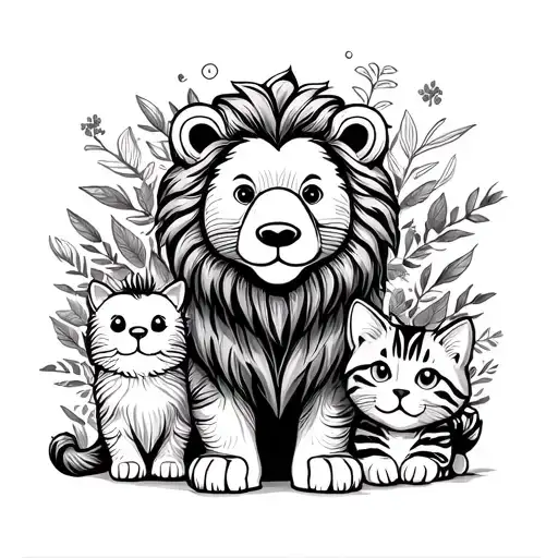 "This book belongs to... text with cute animal borders (bear, lion, cat), black and white, bold lines for coloring tattoo design idea