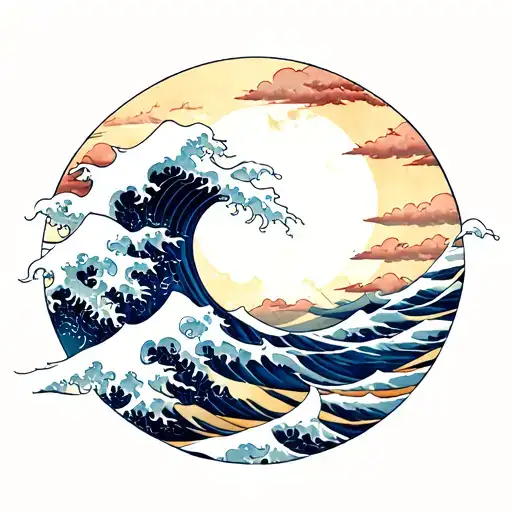 japanese style waves and clouds tattoo design idea