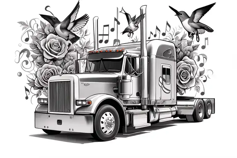 1985 peterbilt semi truck with smoke stacks that have music notes humming birds and roses out of them  tattoo design idea
