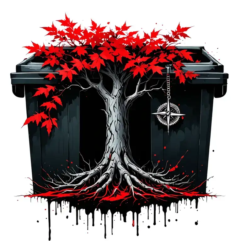 poly tree thick trunk with multi strong branches and intertwined roots red leaves compass hanging from brances  tattoo design idea