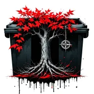 poly tree thick trunk with multi strong branches and intertwined roots red leaves compass hanging from brances  tattoo design idea