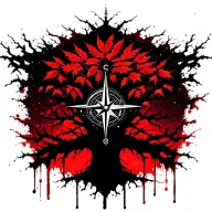 poly tree thick trunk with multi strong branches and intertwined roots red leaves compass hanging from brances  tattoo design idea