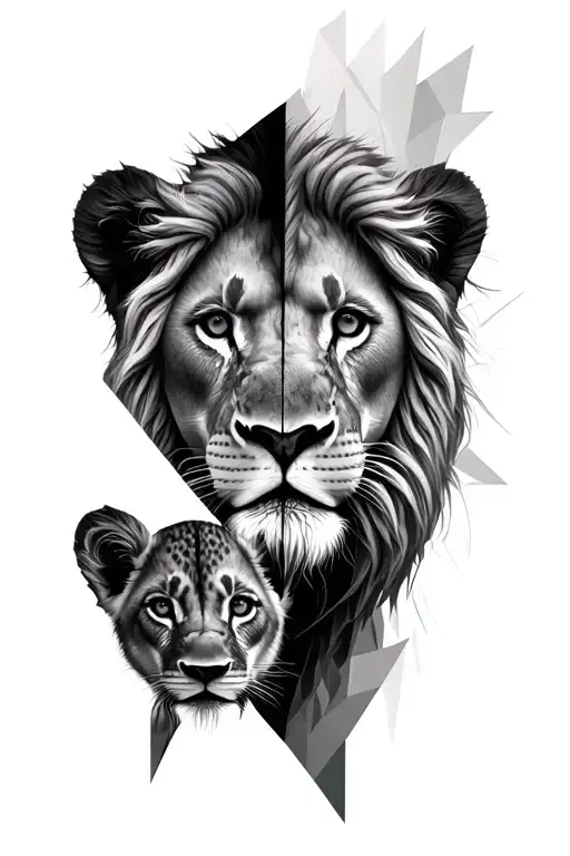  realism tattoo that has half a male lion face and half a lion cub. shading, dof work, Geometric realism fusion. neg spa tattoo design idea