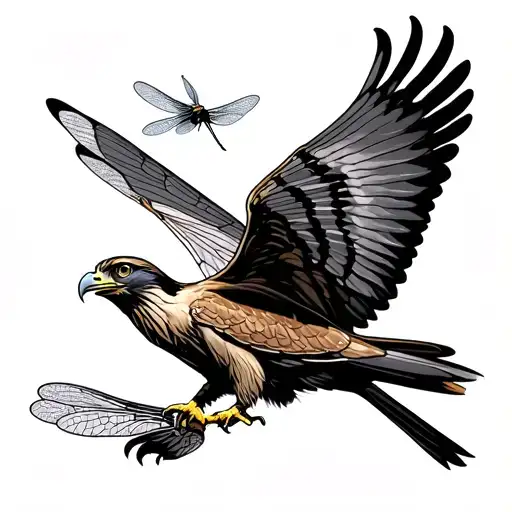 red tail hawk perched dragonfly flying by tattoo design idea