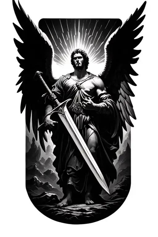 st michael male angel holding a sword black and white and looking angry with sun rays coming down tattoo design idea