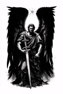 st michael male angel holding a sword black and white and looking angry with sun rays coming down tattoo design idea