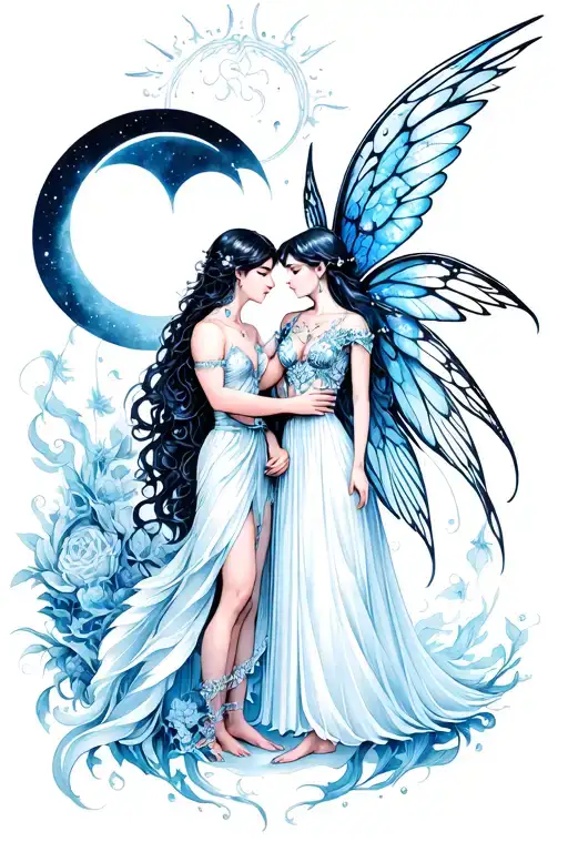 male seraphim and female faerie in love by the moon phases tattoo design idea