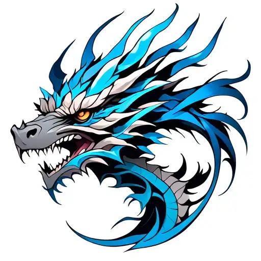 Generate image of a dynamic, tribal‑style dragon rendered entirely in flowing blue calligraphic strokes. The head—with i tattoo design idea