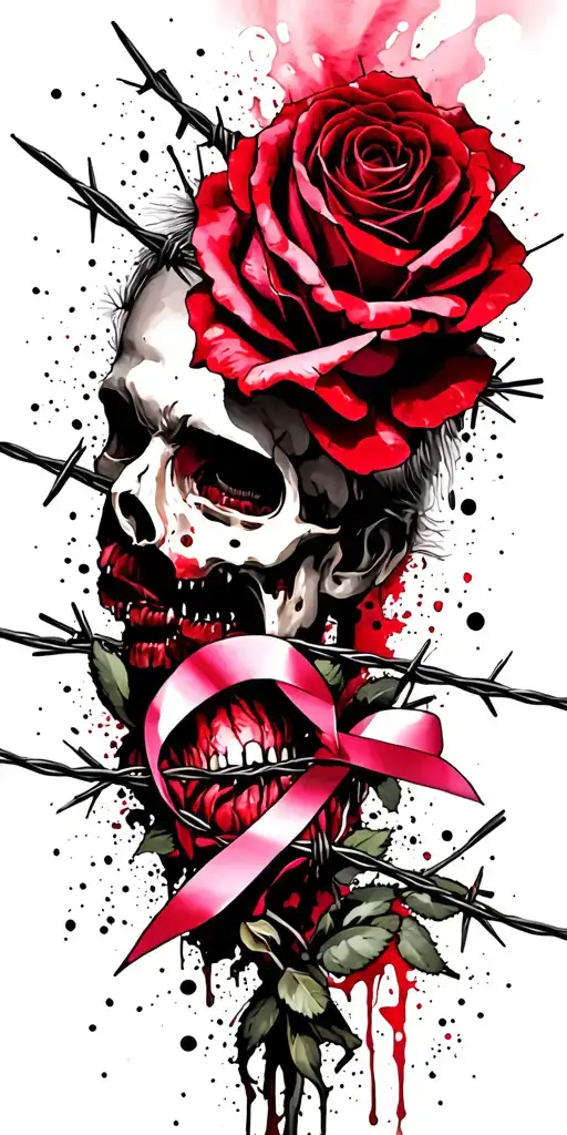 dead roses, barbed wire wrapped, and breast cancer awarness tattoo design idea