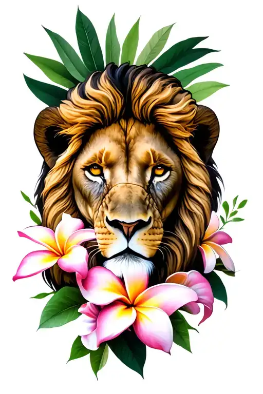 Lion of Judah surrounded by plumeria flower intertwined tattoo design idea
