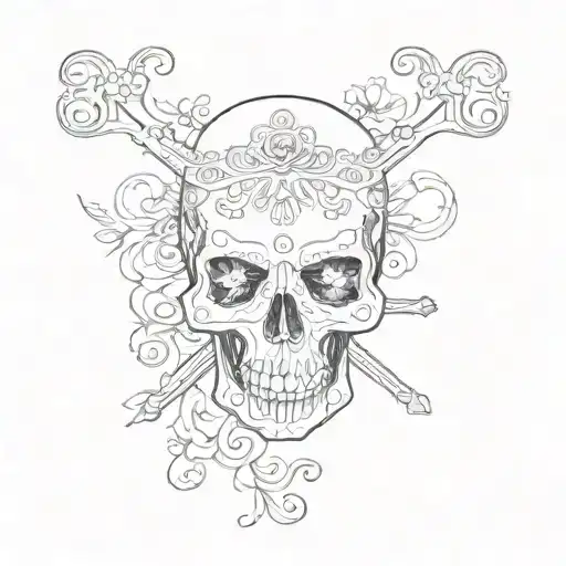 thin line victorian skull and crossbones tattoo design idea