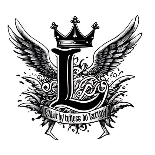 loyalty lettering with king crown of the top of the letter L and some wings background  tattoo design idea