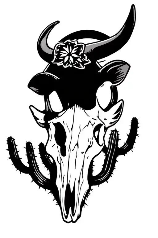 desert cactus sun setting bull skull tattoo design idea