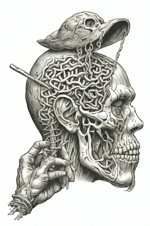 Woman drinking man's brain through straw directly into his skull tattoo design idea