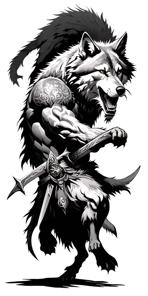 Saxon god of war Tiw, fighting a wolf. The wolf is snarling at Tiw, whilst Tiw is lunging toward the wolf with his sword tattoo design idea