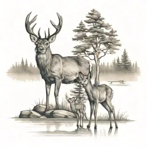 A family of deer in a boundary waters landscape tattoo design idea