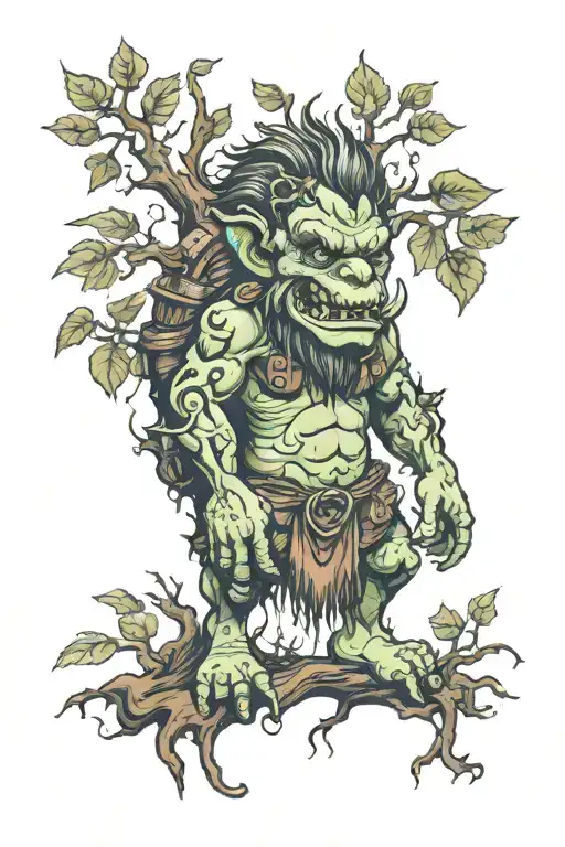 troll in a mythical forest scene tattoo design idea