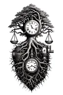 tree of life with roots intertwined  with libra scales, v-twin engine and a old clock tattoo design idea