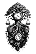 tree of life with roots intertwined  with libra scales, v-twin engine and a old clock tattoo design idea