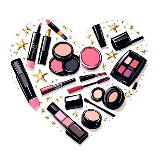 makeup products arranged in a heart with sparkle stars tattoo design idea