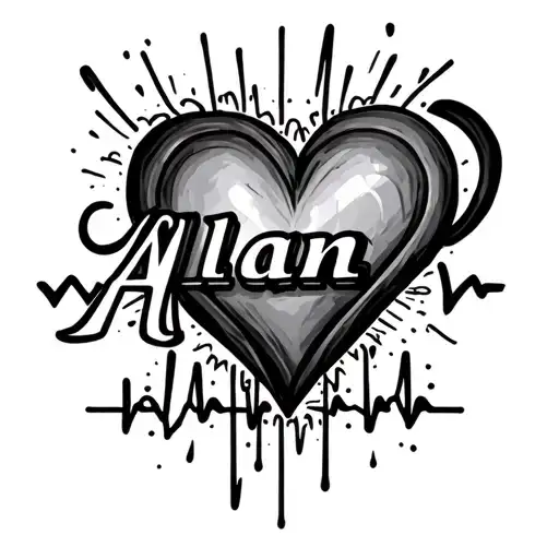 name Alan with heart rate and love symbols incorporated tattoo design idea