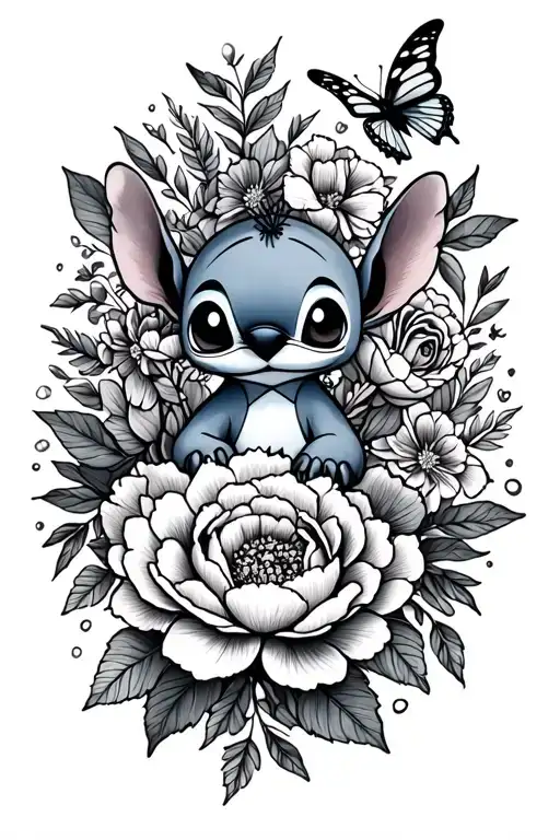 little stitch and peonies and butterfly and leafs surrounded tattoo design idea