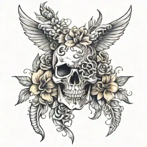 spine tattoo with western skull and flowers intertwined tattoo design idea