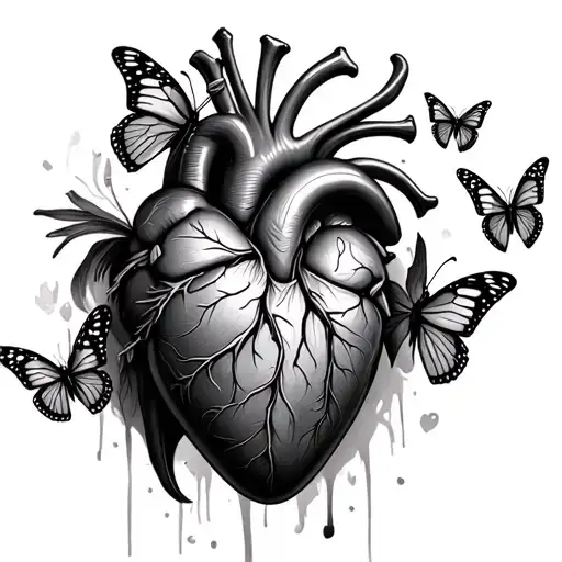 realistic human heart with 4 butterflies flying around it tattoo design idea