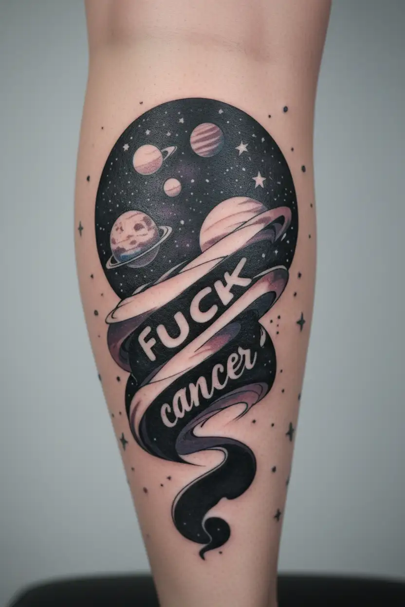 "FUCK cancer"  stars and planets floating around with words In the middle wavey  tattoo design idea