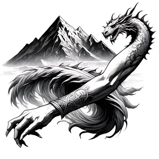 Lord of the rings adding onto a black arm and tattoo, maybe with a mountain and dragon above the band tattoo design idea