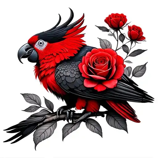 red and Black Cockatoo With roses blooming flowers tattoo design idea