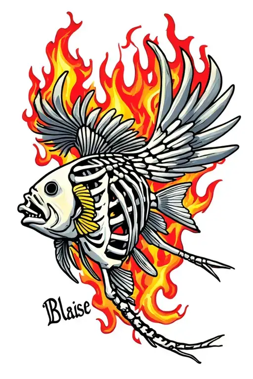 angelfish skeleton with name Blaise in the ribs surrounded by realistic fire tattoo design idea