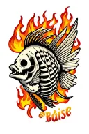 angelfish skeleton with name Blaise in the ribs surrounded by realistic fire tattoo design idea