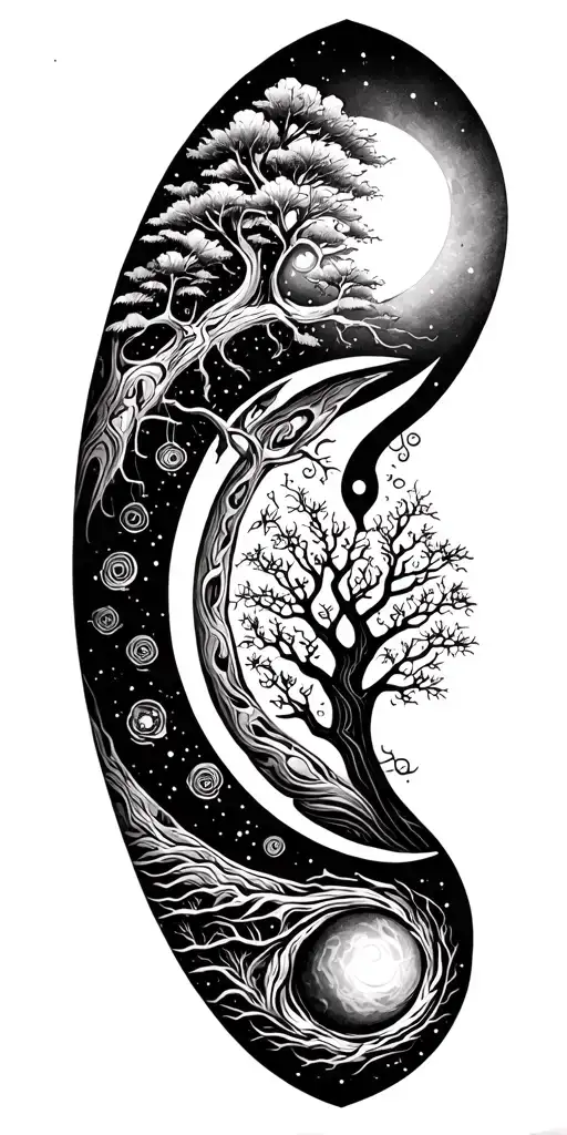 moon and sun and plam tree tattoo design idea
