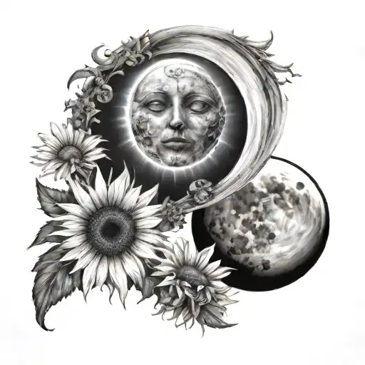 two matching tattoos, one a sun, the other a crescent moon. both with daisies, without faces, realism tattoo design idea