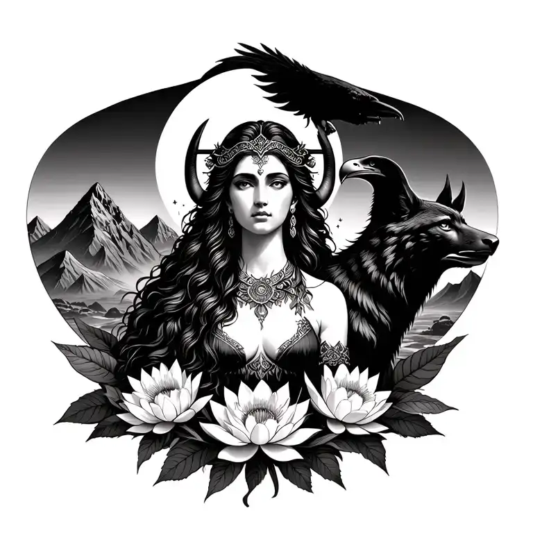 Aries Goddess Surrounded By Poeny And Lotus Flowers With A Black Wolf and a hawk in a Mountains Range with mars in sky tattoo design idea