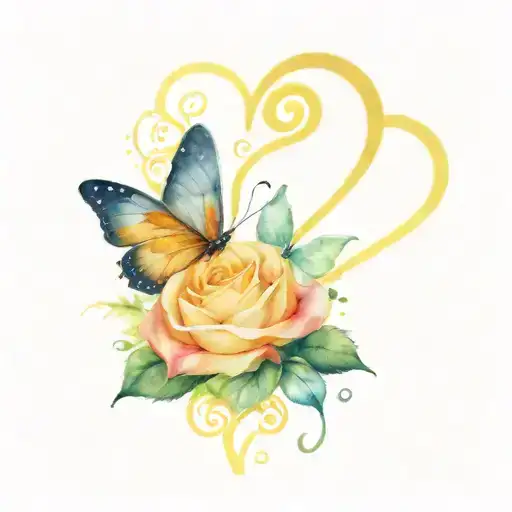 Heart with butterfly flying and yellow rose intertwined name LeMonn tattoo design idea