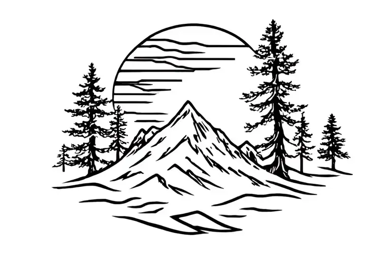 trader tree mountain sun tattoo design idea