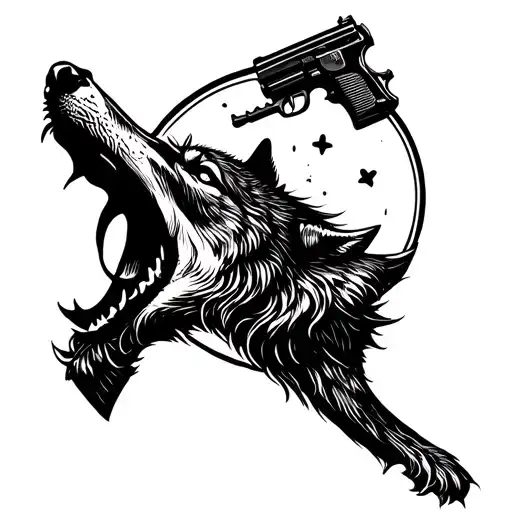 A tattoo of a wolf howling at the moon while holding a gun in its mouth, representing the client's love for animals and guns tattoo design idea