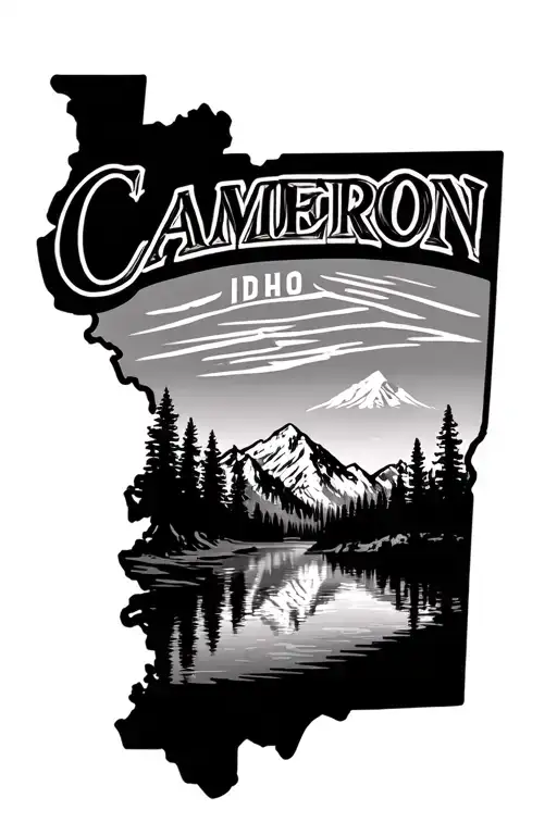 State of Idaho outline, with mountains and trees surrounding it, and the word "Cameron" somewhere on there tattoo design idea