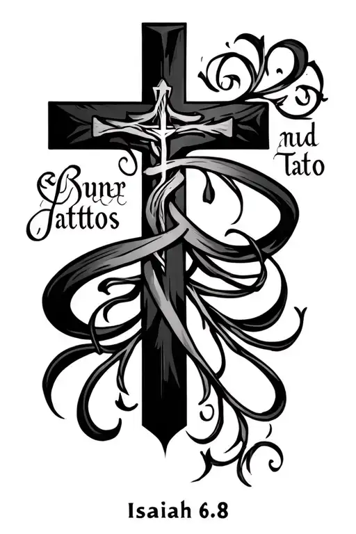 cross with Isaiah 6:8 written vertically tattoo design idea