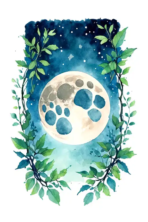 plants and vines along the sides with forest tones surrounding animal paw prints going up towards the moon  tattoo design idea