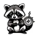 cute racoon sitting holding a compass tattoo design idea