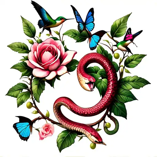Sternum piece: 1 or 2 snakes wrapped around an olive branch, magnolia flower, and rose with butterflies and hummingbirds tattoo design idea
